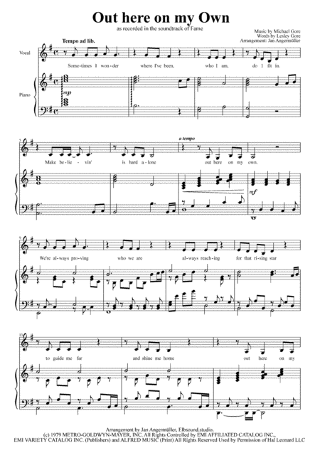 Out Here On My Own Piano Vocals Chords Transcription Of The Original Irene Cara Recording For The Musical Fame Sheet Music