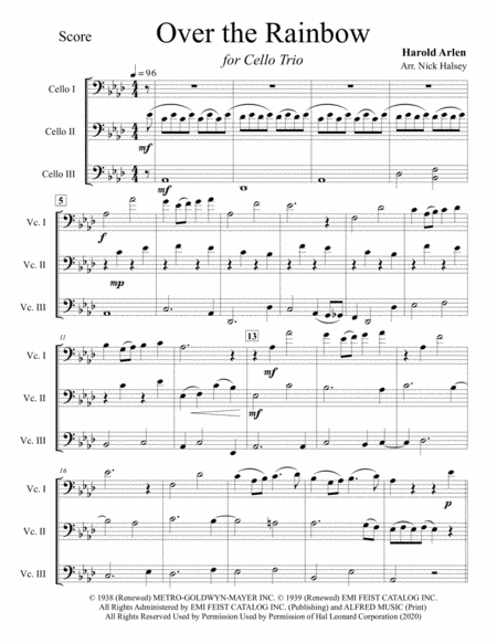 Free Sheet Music Over The Rainbow Cello Trio