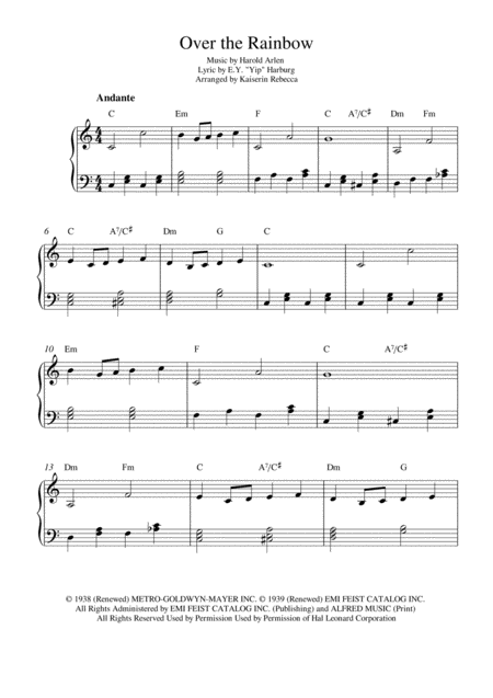 Over The Rainbow From The Wizard Of Oz Easy Version Sheet Music