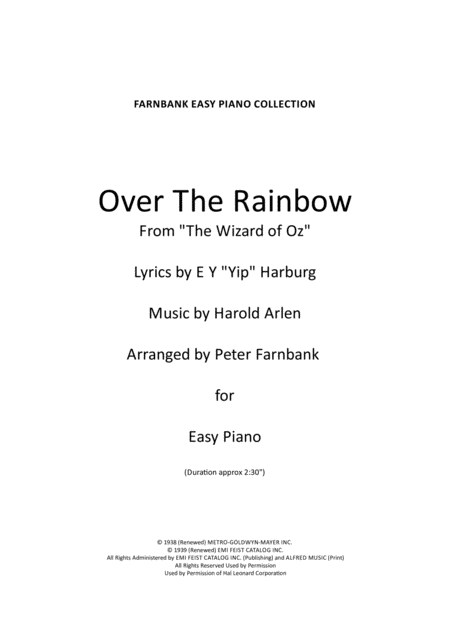 Free Sheet Music Over The Rainbow From The Wizard Of Oz Ez Piano