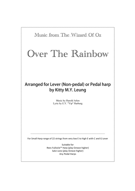 Over The Rainbow From The Wizard Of Oz For 22 String Small Harp Sheet Music