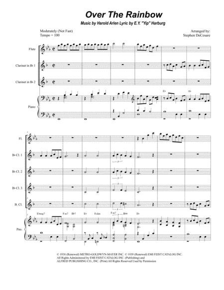 Free Sheet Music Over The Rainbow From The Wizard Of Oz For Clarinet Choir