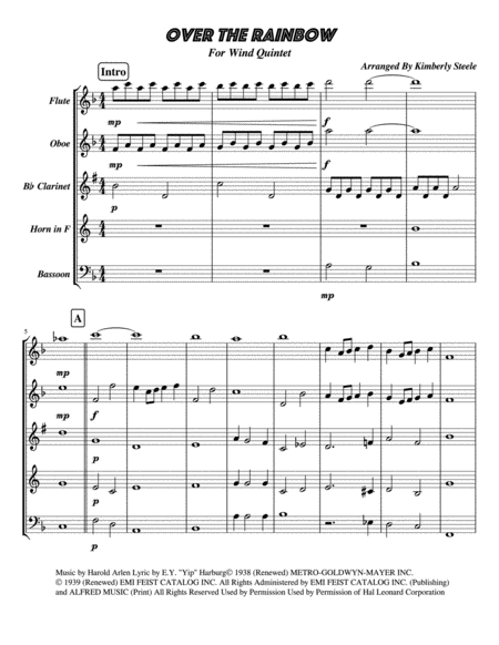 Over The Rainbow From The Wizard Of Oz For Easy Wind Quintet Sheet Music