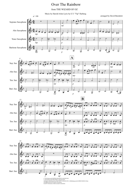 Over The Rainbow From The Wizard Of Oz For Saxophone Quartet Sheet Music