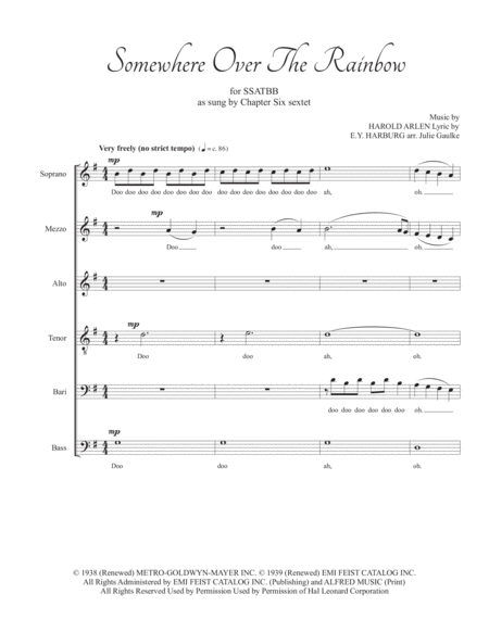 Free Sheet Music Over The Rainbow From The Wizard Of Oz For Ssatbb A Cappella