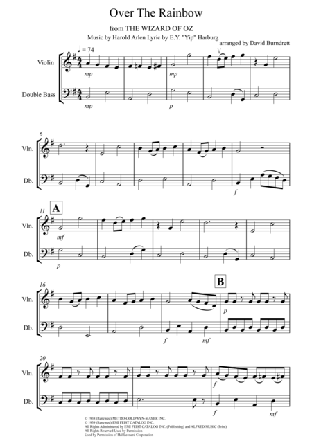 Free Sheet Music Over The Rainbow From The Wizard Of Oz For Violin And Double Bass Duet