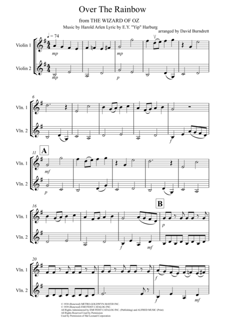 Free Sheet Music Over The Rainbow From The Wizard Of Oz For Violin Duet
