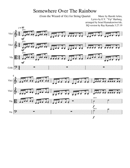 Over The Rainbow From The Wizard Of Oz Hawaiian Style For String Quartet Sheet Music