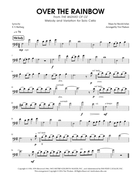 Over The Rainbow From The Wizard Of Oz Melody And Strummed Pizzicato Variation For Solo Cello Sheet Music