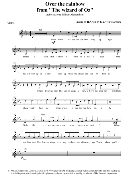 Over The Rainbow From The Wizard Of Oz Only Voice Sheet Music