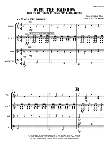 Free Sheet Music Over The Rainbow Hawaiian Version String Quartet