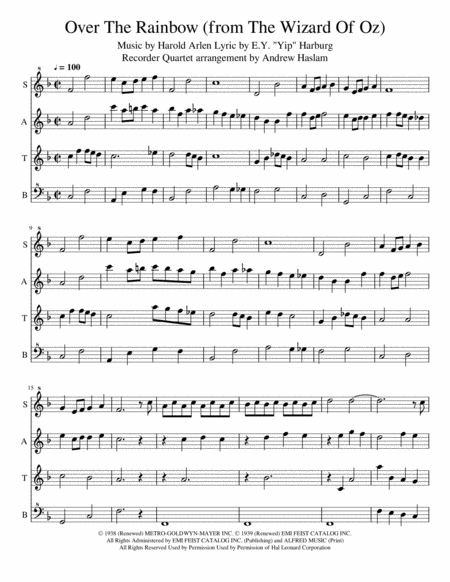 Over The Rainbow Recorder Quartet Satb Sheet Music