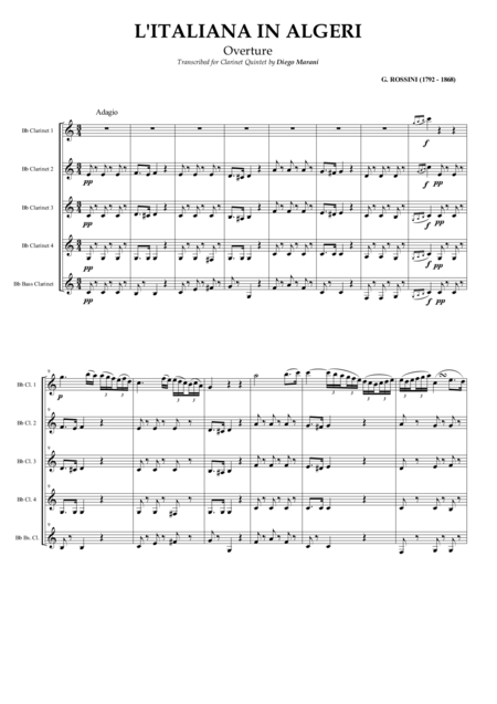 Free Sheet Music Overture From L Italiana In Algeri For Clarinet Quintet