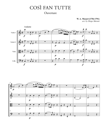 Overture From The Opera Cos Fan Tutte For String Quartet Sheet Music