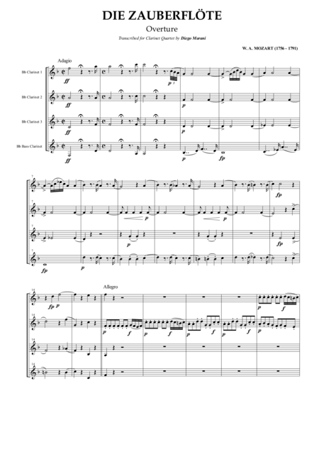 Overture From The Opera The Magic Flute For Clarinet Quartet Sheet Music