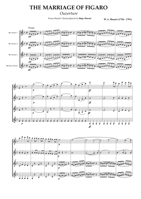 Free Sheet Music Overture From The Opera The Marriage Of Figaro For Clarinet Quartet