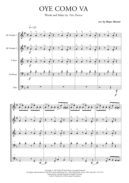 Oye Como Va For Brass Quintet Sheet Music