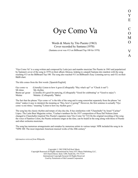 Oye Como Va Santana 1971 For Pep Band Basketball Band Jazz Combo Small Jazz Ensemble Sheet Music