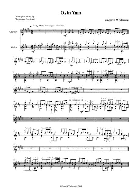 Oyfn Yam On The Sea For Clarinet And Guitar Sheet Music