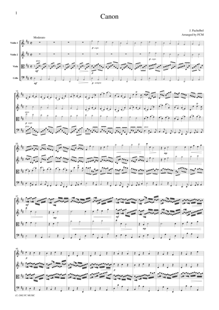 Free Sheet Music Pachelbel Canon For String Quartet Cp001