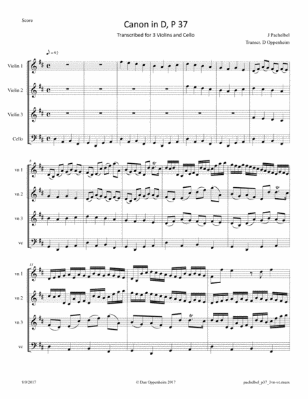 Free Sheet Music Pachelbel Canon In D Major Transcribed For 3 Violins And Cello