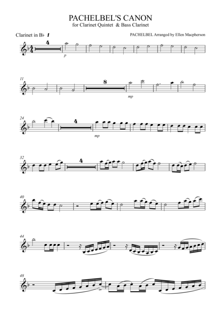 Pachelbels Cannon For Clarinet Quintet Bass Clarinet Sheet Music