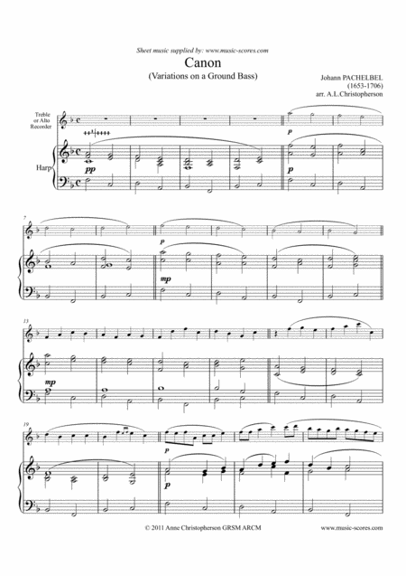 Free Sheet Music Pachelbels Canon Alto Or Treble Recorder And Harp