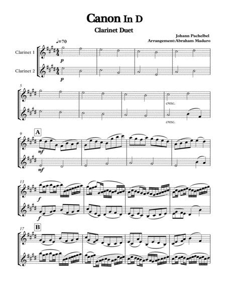 Pachelbels Canon Clarinet Duet Two Tonalities Included Sheet Music