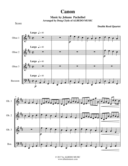 Pachelbels Canon For Double Reed Quartet Sheet Music