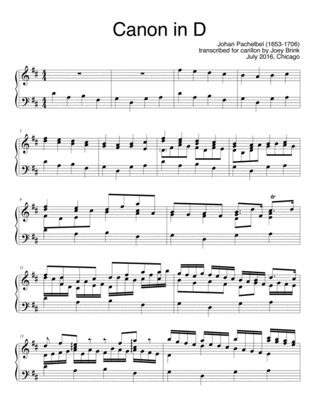 Free Sheet Music Pachelbels Canon In D For Carillon