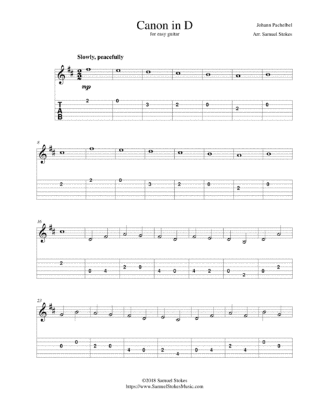 Free Sheet Music Pachelbels Canon In D For Easy Guitar With Tab