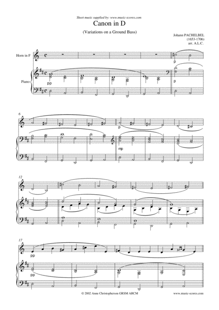 Free Sheet Music Pachelbels Canon In D French Horn And Piano