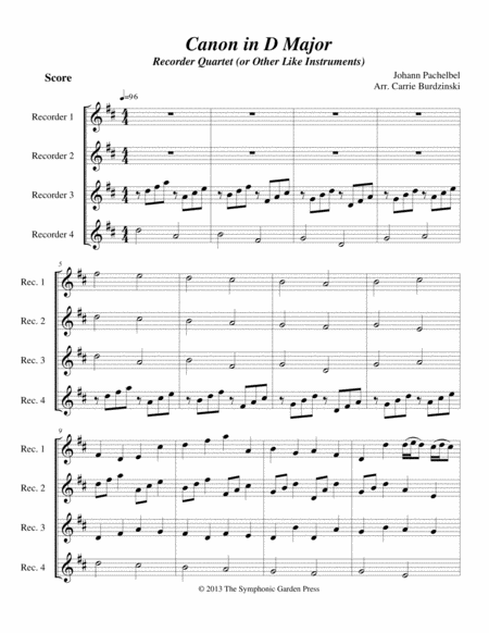 Pachelbels Canon In D Major Flute Or Recorder Quartet Sheet Music