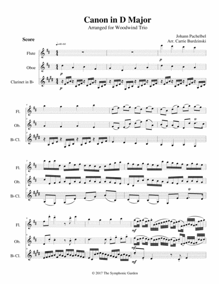 Pachelbels Canon In D Major Woodwind Trio Flute Oboe Clarinet Sheet Music