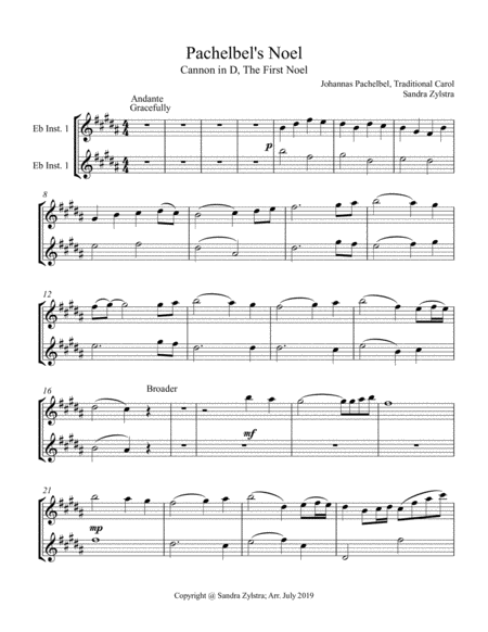 Pachelbels Noel Treble Eb Instrument Duet Parts Only Sheet Music