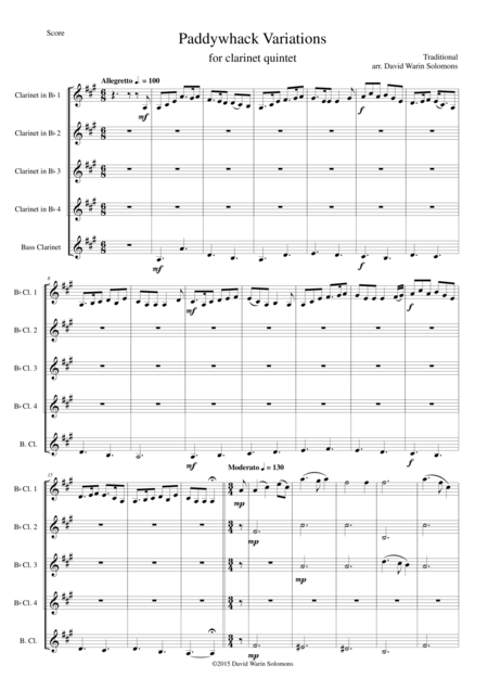 Free Sheet Music Paddywhack Variations For Clarinet Quintet