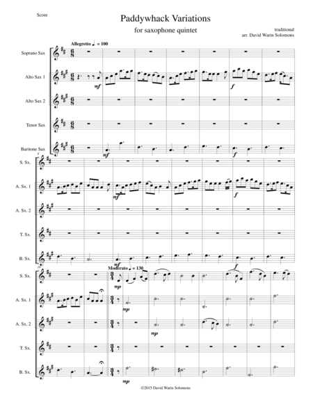 Free Sheet Music Paddywhack Variations For Saxophone Quintet