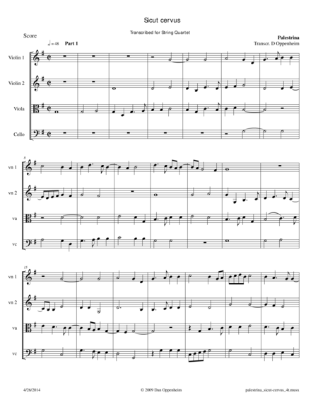 Palestrina Sicut Cervus For String Quartet Sheet Music