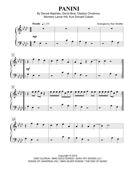 Panini Easy Piano In The Original Key Sheet Music