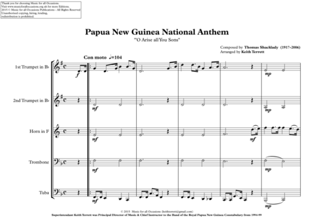 Free Sheet Music Papua New Guinea National Anthem O Arise All You Sons For Brass Quintet