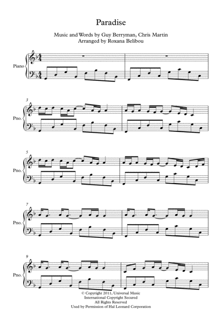 Paradise By Coldplay Piano Sheet Music