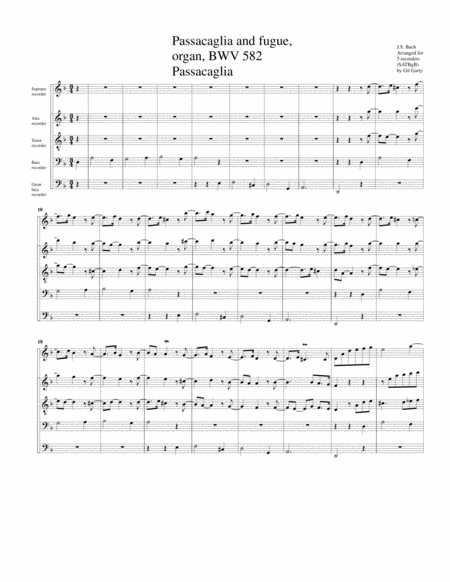 Passacaglia And Fugue Bwv 582 Arrangement For 5 Recorders Sheet Music