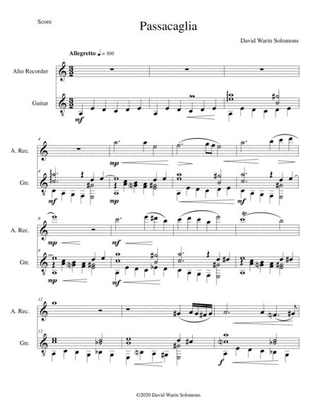 Passacaglia For Alto Recorder And Guitar Sheet Music