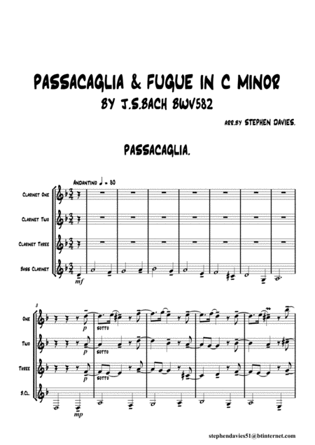 Free Sheet Music Passacaglia Fugue In C Minor Bwv832 By Js Bach For Clarinet Quartet