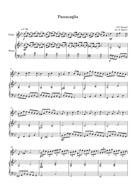 Passacaglia Handel Halvorsen For Violin Piano Sheet Music