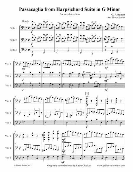 Free Sheet Music Passacaglia In G Minor Arranged For Mixed Level Trio Three Cellos