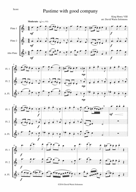 Pastime With Good Company For Flute Trio 2 Flutes And Alto Flute Sheet Music