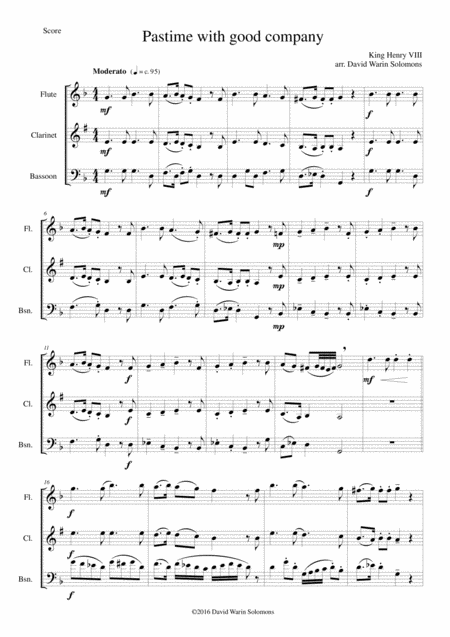 Pastime With Good Company For Wind Trio Flute Clarinet Bassoon Sheet Music