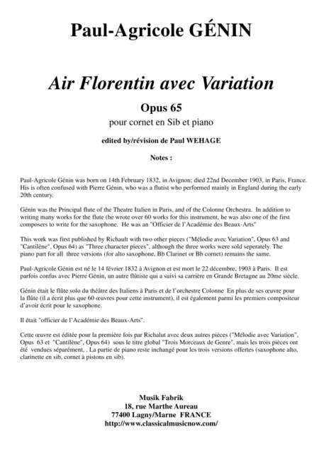 Paul Agricole Gnin Air Florentin Avec Variation Opus 65 For Bb Cornet And Piano Sheet Music