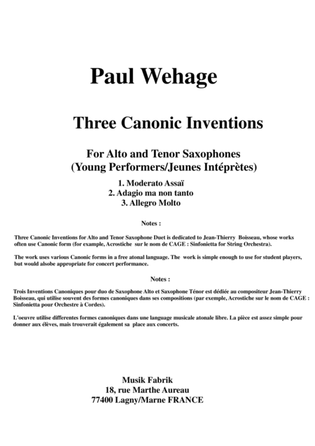 Paul Wehage Three Canonic Inventions For Alto And Tenor Saxophones Sheet Music